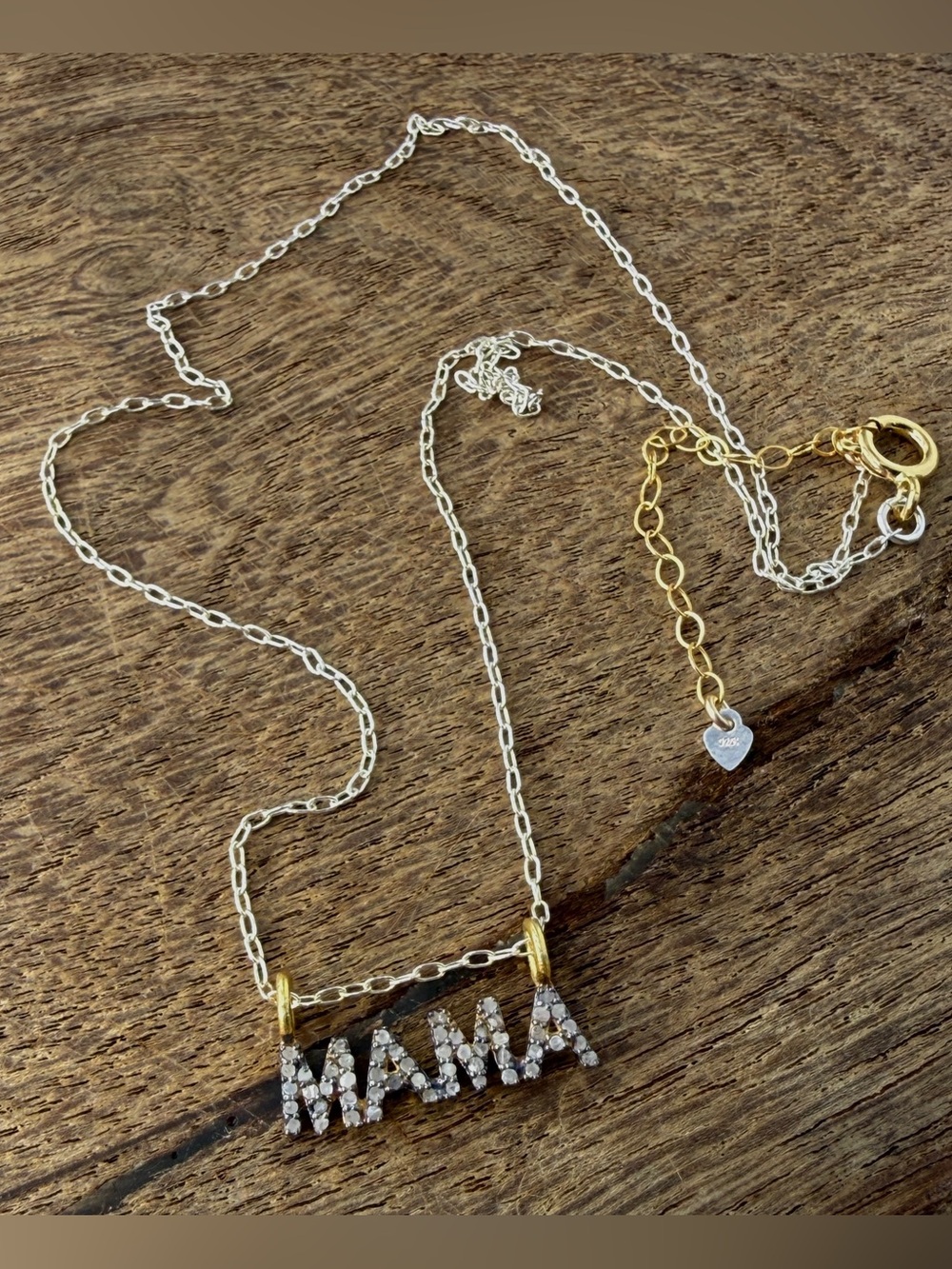 Uncut Natural Diamond MAMA Pendant, Mixed Metal Sterling Silver Layering Necklac